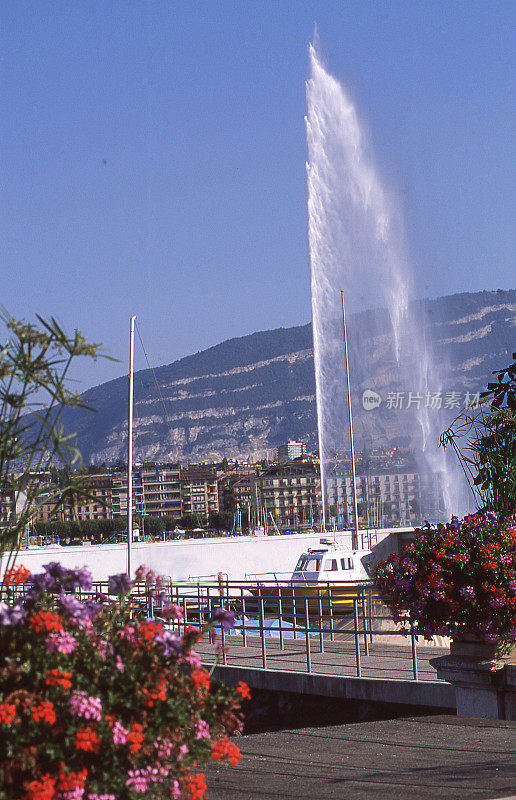 鲜花和船在码头的Jet d'Eau Geneva瑞士